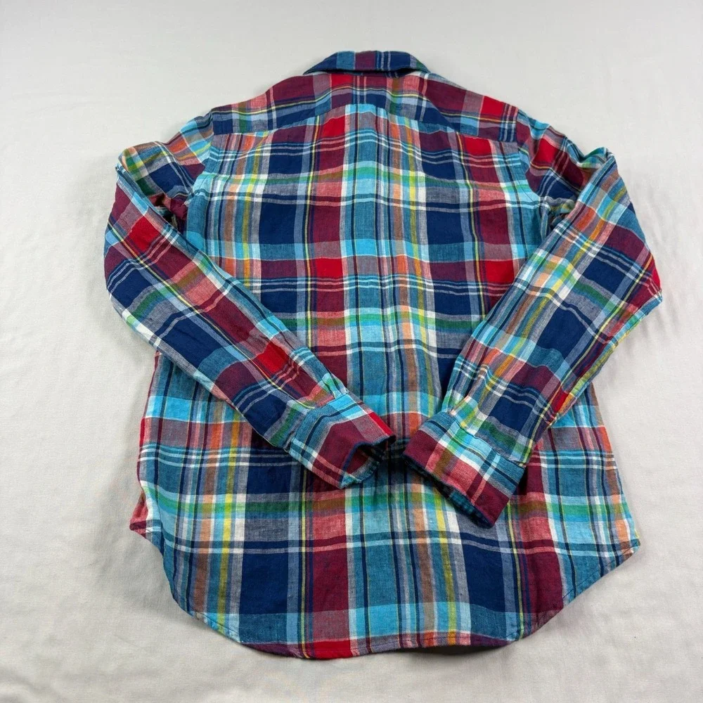 Polo Ralph Lauren Linen Shirt Mens Small Blue Plaid Button Up Classic Fit Beach